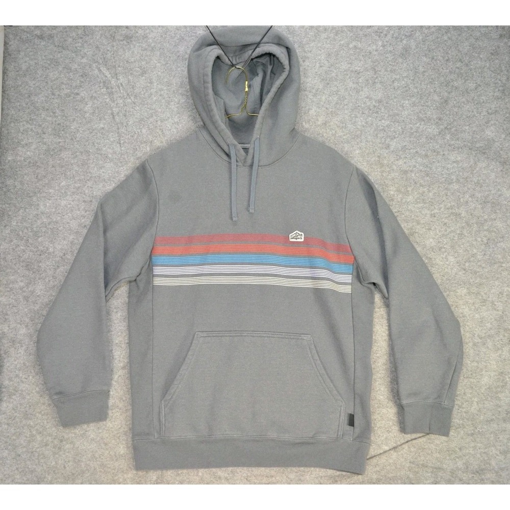 Patagonia Hoodie Mens Medium Gray Upriseal Pullover Kangaroo Pocket Logo Stripe